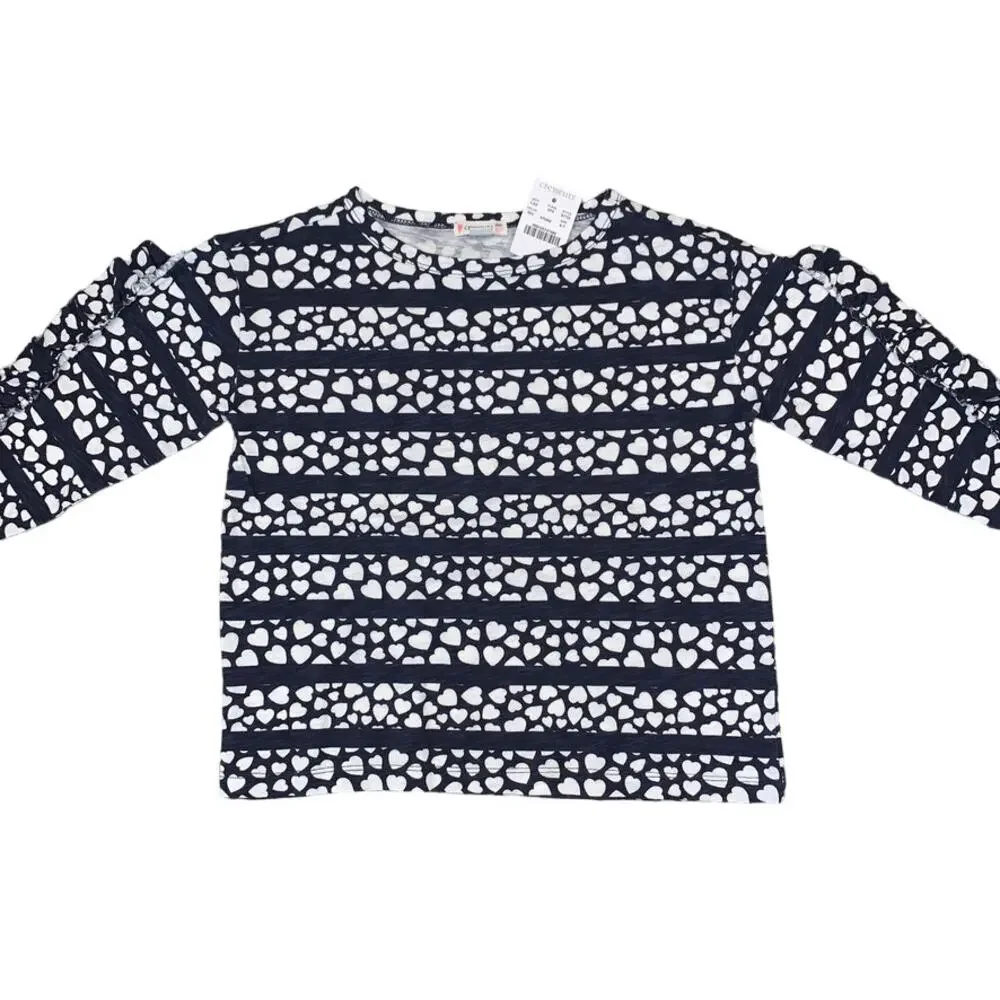 NWT J Crew Girls' Ruffle-Trim Navy Top in Hearts & Stripes